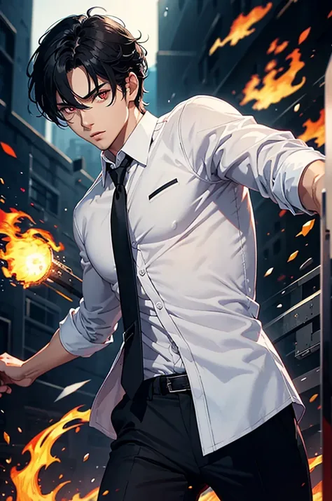 A HANDSOME GUY WEARING WHITE SHIRT, BLACK HAIR, FIERY EYES, FIERY ARMS, FIGHTING SKELETON