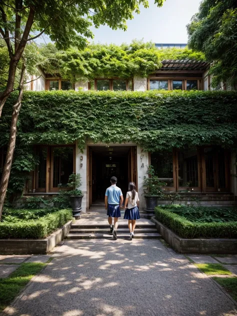 There are two people walking on the sidewalk next to a building, lovely setting, beautiful surroundings, at school, in the garden, with ivy, candid photo, in front of the house, Photoshoot, sunny atmosphere, candid photo, walking in the garden, in an ecolo...