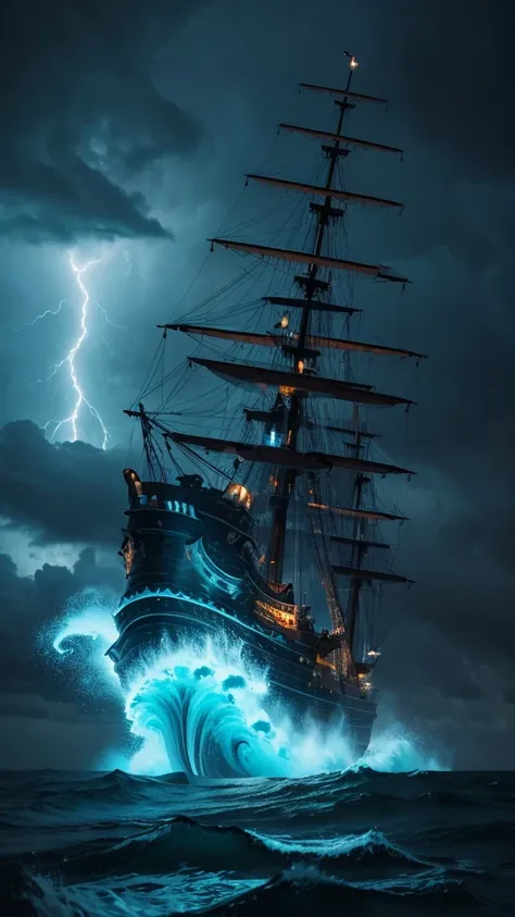 

“Create a scene of a pirate ship sailing through a stormy, turbulent sea. The ship should be navigating near a large skull-shaped rock formation amidst a jagged reef. The sky is filled with swirling clouds, and heavy rain is pouring down. The atmosphere ...