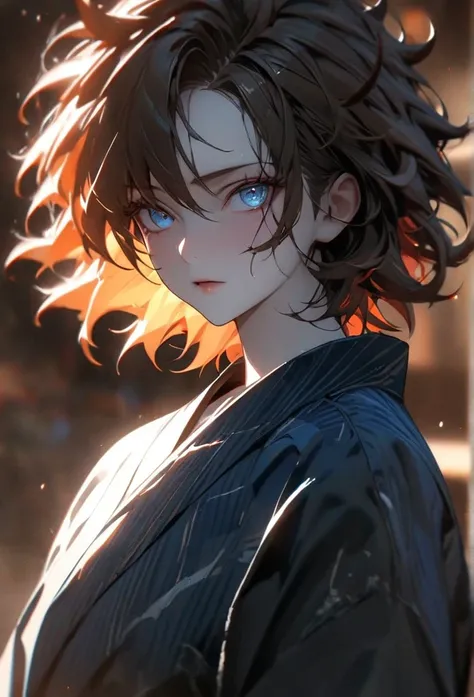 (solo), orange hair, messy hair, mane hair, short hair, dense hair, wild hair, expressive hair, mature,(25 year old), pale skin, blue eyes, ((male)), wearing a blue kimono,, handsome, attractive, eye reflection, depth of field, thunder aura,cinematic light...