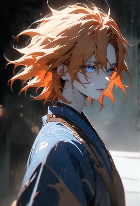 (solo), orange hair, messy hair, mane hair, short hair, dense hair, wild hair, expressive hair, mature,(25 year old), pale skin, blue eyes, ((male)), wearing a blue kimono,, handsome, attractive, eye reflection, depth of field, thunder aura,cinematic light...