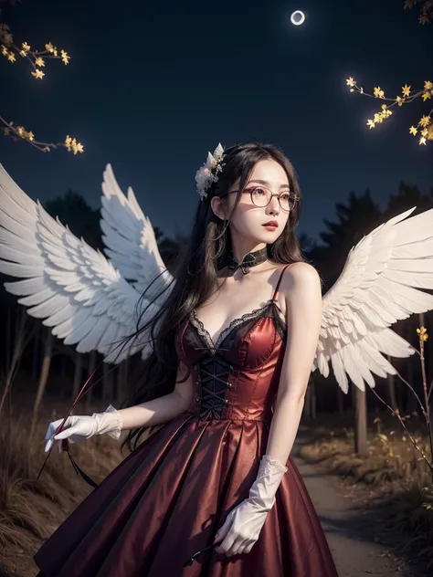 a beautiful attractive slender Chinese woman, long wavy black hair, black eyes, vintage glasses, v-neck Victorian dress, maple-colored bodice with black laces, red skirt, white gloves, angelic white wings, background a night sky with a twilight and vague m...