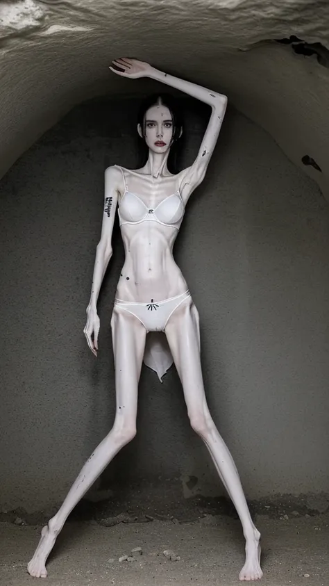 a woman, very thin body, body visible bones, very slender, sweaty wet body, pale white skin, panties, bra,tatto, full body, has a mental breakdown in underground prison 