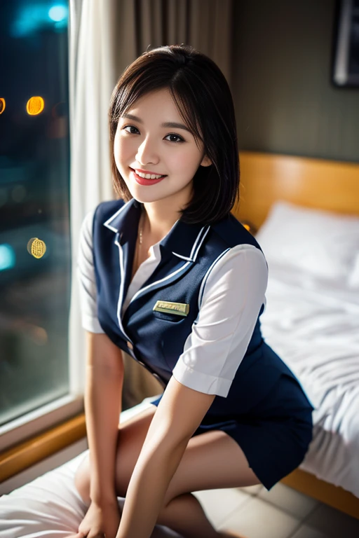 (a gorgeous lady, age 21, Flight Attendant uniform, Shenzhen Airlines Stewardess, wet white shirt, red mini-skirt, kneeling in bedroom, dimpled smile, short bob hair, wet short hair, cute snaggle-tooth, well-endowed round bosom, long flawless legs, photore...