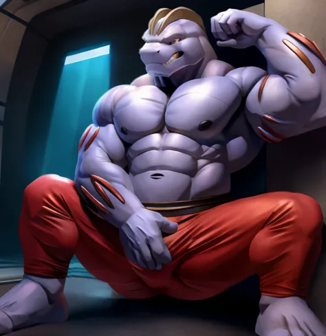 Machoke (Pokemon), Male machoke, spreading legs, covering crotch, massive crotch bulge, looking at crotch, clenched teeth, red spandex pants.