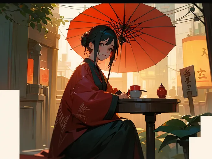 A woman sitting at a table under a red umbrella on a rainy night in a city street, with lanterns and plants around her, in the style of an anime or illustration, with a detailed, photorealistic, cinematic look.