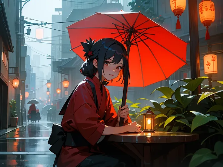 A woman sitting at a table under a red umbrella on a rainy night in a city street, with lanterns and plants around her, in the style of an anime or illustration, with a detailed, photorealistic, cinematic look.