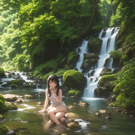 (NSFW、Erotic、sexy、Adult)、Set in a lush mountain landscape、Young woman enjoying nature by playing in a clear mountain stream(彼女はsexyな水着を着ています)。The scene is realistic anime style。The woman is wearing a tank top and shorts.、Standing in the shallows of a strea...