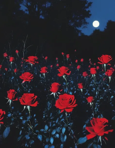 film photography, vintage, long view of red roses field with silhouette of horror, blue dark forest night background