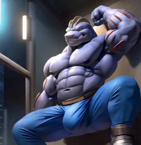 Machoke (Pokemon), Male machoke, spreading legs, covering crotch, massive crotch bulge, looking at crotch, clenched teeth, blue spandex pants.