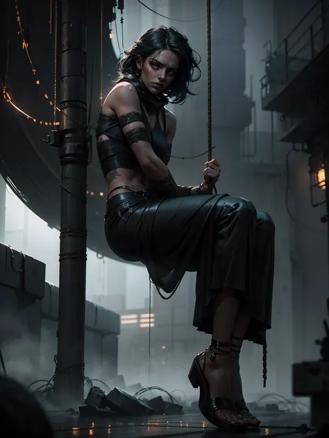 a young woman, ropes coiled around her wrists and ankles, intense expression, dramatic lighting, dystopian atmosphere, moody colors, cinematic composition, highly detailed, realistic, photorealistic, hyper detailed, 8k, best quality, masterpiece