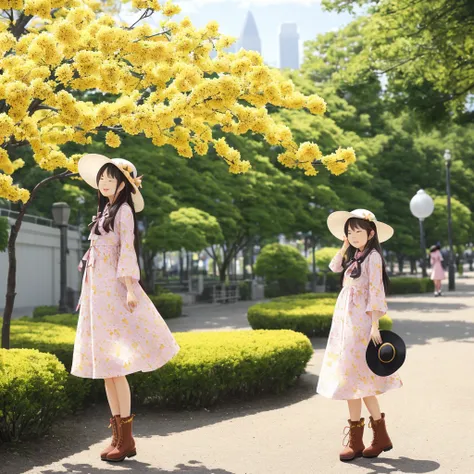 1 girl、ブルーribbon、Floral、hat、the wind is strong, だから私はhatをかぶっています、Yawning face、Long dresses、Hair length、Brown haired、ribbon、No sleeve、麦わらhat、Look up、Yellow Eyes、City Park、butterfly々flying、Cute pose、Im wearing cute boots