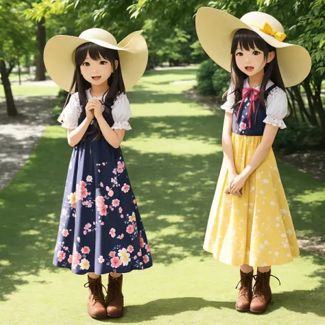 1 girl、ブルーribbon、Floral、hat、the wind is strong, だから私はhatをかぶっています、Yawning face、Long dresses、Hair length、Brown haired、ribbon、No sleeve、麦わらhat、Look up、Yellow Eyes、City Park、butterfly々flying、Cute pose、Im wearing cute boots