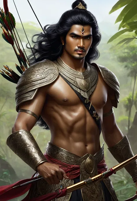 Arjuna in Mahabarata, holding a bow and arrow, Javanese princess, majapahit warrior, long wavy black hair, hair tied up, wide eyes looking sharp and firm, very handsome face, bare chested, wearing ancient Javanese knight jawelry, realistic, background blac...