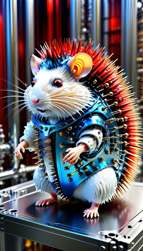 There is no one, Reality Photos, Reality Photos, Realistic photo of a hamster-like creature, spikes, multi-colored shiny fur, strange and, Surreal and, the other world, A robotic factory with a shiny assembly plant, intricate details, very sharp, Sophistic...