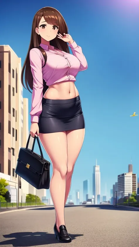  a girl with light skin, big breast, sexy, cute, leader, long brown hair, her brown eye, she wears a pink button-down blouse, shows her navel and a short blue skirt, black shoe, she travels, flying, sky, city background