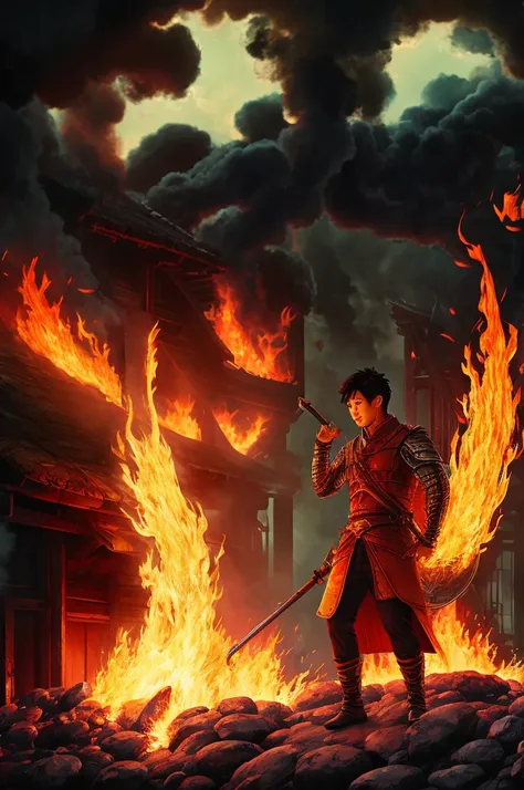 BATTLE AREA, ASIAN MAN WITH BLACK HAIR, MAD, FIRE IND HIS HAND, KILL A BIG MONSTER