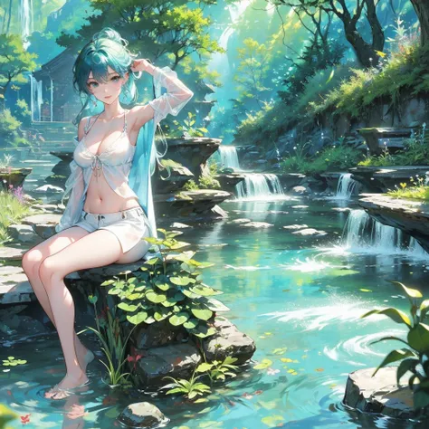 (NSFW、Erotic、sexy、Adult)、Set in a lush mountain landscape、Young woman enjoying nature by playing in a clear mountain stream(彼女はsexyな水着を着ています)。The scene is realistic anime style。The woman is wearing a tank top and shorts.、Standing in the shallows of a strea...