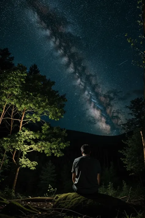 30 year old man sitting in the rain in the middle of a forest at night watching the universe, lost in his thoughts 