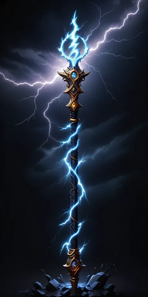 (pixel art, cartoon illustration, stormcaller staff, lightning theme, simple black background, rpg game icon)