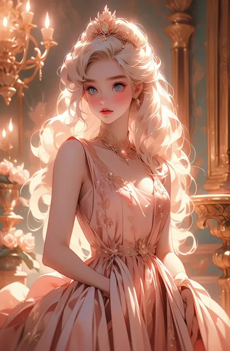 White Blonde hair, fluffy hair, stylish hair, long hair, lilac eyes, perfect eyes, beautiful, perfect face, tween, dainty , short, kind, curvy, a flowing pale airy gown with ruffles along the bottom with tiny pink flowers and gold dragon embroideries with ...