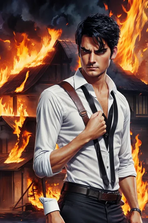 BATTLE AREA, HANDSOME MAN WITH BLACK HAIR,WHITE SHIRT, MAD, FIRE IND HIS HAND, ANGRY