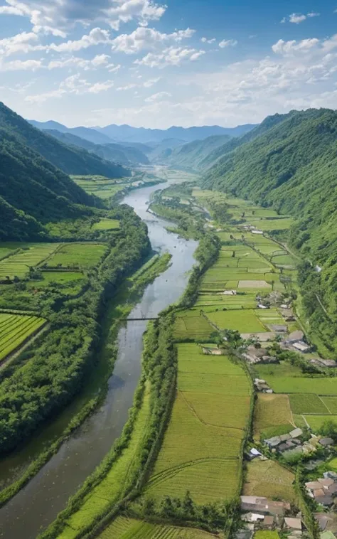 Japanese countryside depicted in ultra-realistic style,The river flows，Fireflies flutter、Nostalgic rural scenery、There are also rice fields