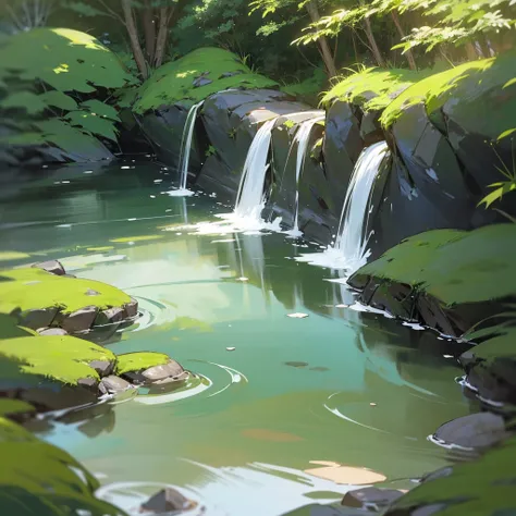 (NSFW、Erotic、sexy、Adult)、Set in a lush mountain landscape、Young woman enjoying nature by playing in a clear mountain stream(彼女はsexyな水着を着ています)。The scene is realistic anime style。The woman is wearing a tank top and shorts.、Standing in the shallows of a strea...