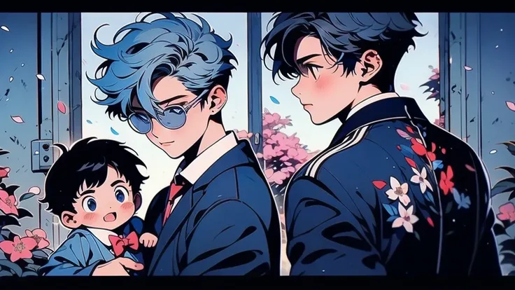 1boy,Highest quality、Masterpiece、Official Art、The best dynamic composition、Light blue hair color、The boy is a junior high school student、Entrance Ceremony、uniform、Navy blue blazer and navy blue trousers、White dress shirt、Blue tie、Student Back、sneakers、Cher...