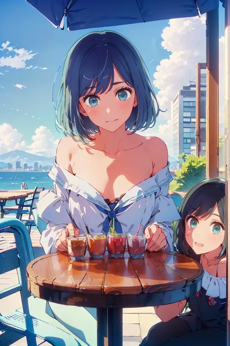 (Highest quality:1.4、8K:1.4、detailed)、F cup bust、Big Breasts、Slim body、Very white beautiful skin、((((1 person、Surprised expression、sit、Chair、In the background are the urban buildings of Tokyo、looking at the camera、Outdoor café terrace、coastal、Navy hair col...