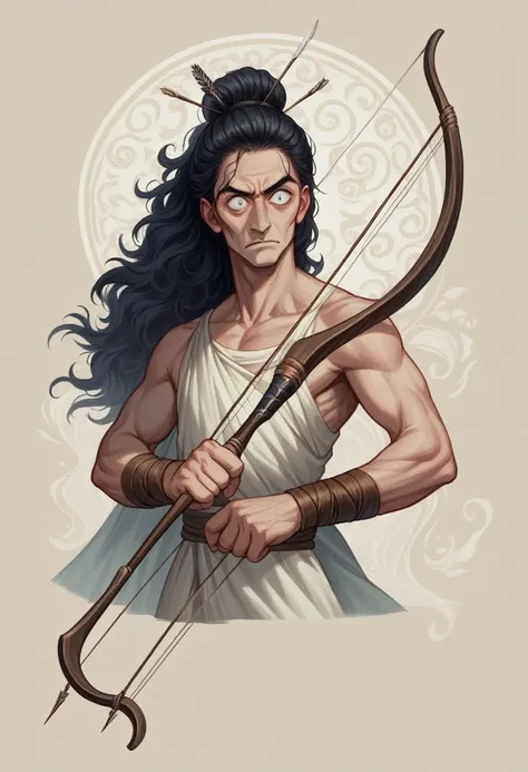 Arjuna in Mahabarata is shooting archery, holding a bow and arrow, Javanese princess, majapahit warrior, long wavy black hair, hair tied up, wide eyes looking sharp and firm, very handsome face, bare chested, wearing ancient Javanese knight jawelry, realis...