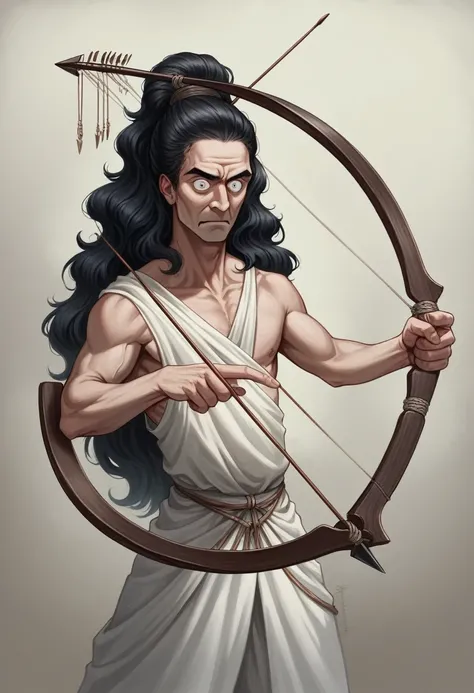 Arjuna in Mahabarata is shooting archery, holding a bow and arrow, Javanese princess, majapahit warrior, long wavy black hair, hair tied up, wide eyes looking sharp and firm, very handsome face, bare chested, wearing ancient Javanese knight jawelry, realis...