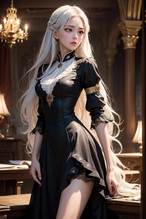 ((masterpiece:1.5,Highest quality,Highly detailed images,Beautiful images、Realistic、Photorealistic、2.5D))(1girl, 独奏)(medium breasts, white hair, black eyes, Healthy legs、Tight ass、Beautiful cleavage)(Fantasy dresses、Fantasy Clothes、Black battle dress、Deep ...