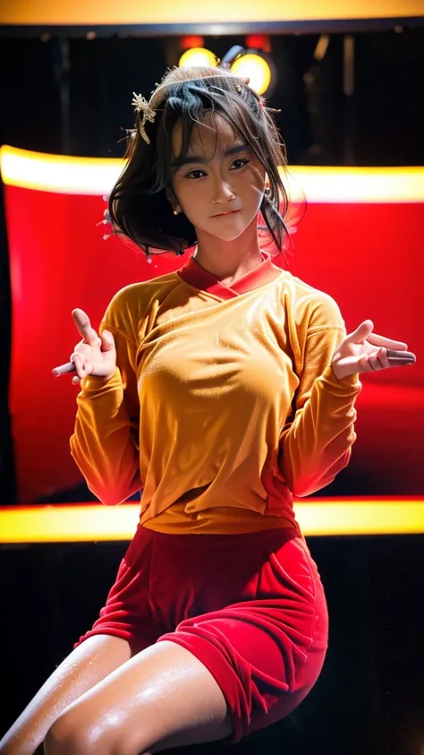 (8K, highest quality, masterpiece: 1.3), (realistic, photorealistic: 1.4), ultra high definition, (ao dai), (red clothes), (japanese female), (high-definition cute face), (large breasts), brown hair, ponytail hair, professional lighting, (closed mouth: 1.2...