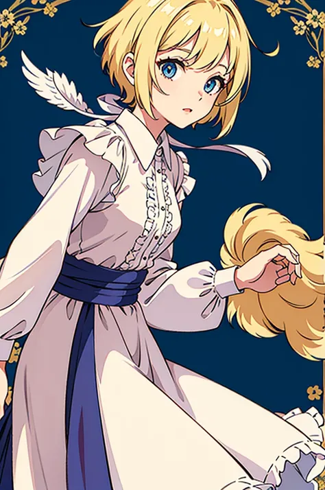 ((Highest quality)), ((masterpiece)), (detailed), One girl、Blonde short、Short Hair、Artistic composition、White feathery dress、A hem fluttering in the wind