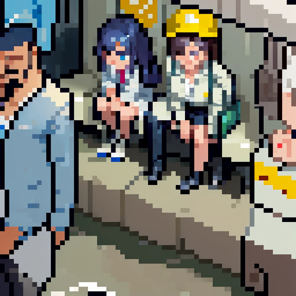 (pixel art_1.1)1female students,The girl in front of me,a girl is Sitting and sleeping on the train,standing on Young man,middle-aged Multiple Salaryman,One of them office worker is reading a newspaper,pixel art,8bit,NES,