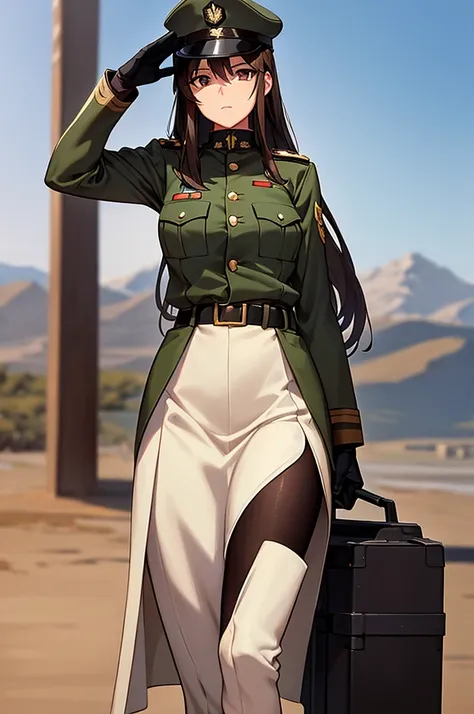 content:
an anime-style image of a general female soldier in uniform. she has long brown hair, black skin, and brown eyes. her u...