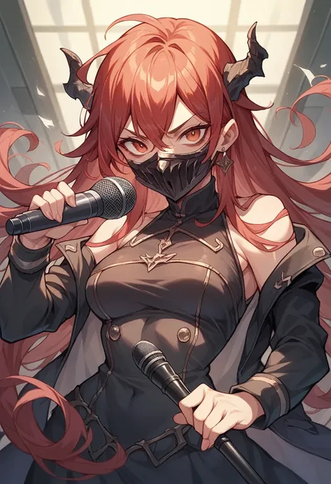 An anime character with dark red hair wearing a mask with terrifying details in a room with terrifying details in front of her with a microphone