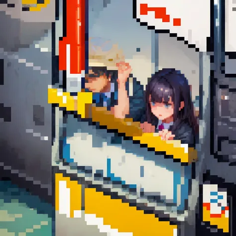 (pixel art_1.1)1female students,The girl in front of me,a girl is Sitting and sleeping on the train,standing on Young man,middle-aged Multiple Salaryman,One of them office worker is reading a newspaper,pixel art,8bit,NES,