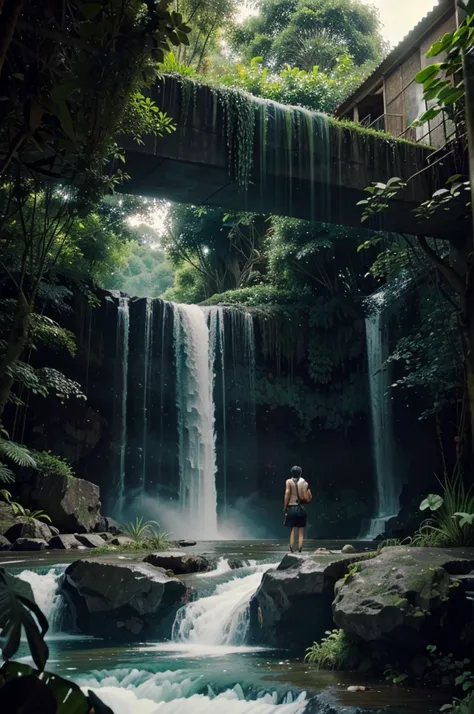 in a tpp game a person near waterfall and under the waterfall a morden glass house in jungle, photo, 3d render, cinematic, dark fantasy