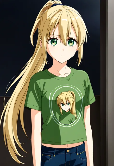 Anime girl whose about 11 years old, had long blond hair paired with green eyes, wearing a cute a green crop-top t-shirt along with dark blue jeans with her hair tied in a ponytail