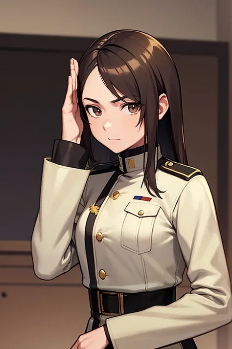 Content:
A black, female general with brown hair and brown eyes. Her uniform takes loose inspiration from German military uniforms, without any medals or a hat. She is saluting to the camera with a confident look in her eyes. She looks serious.

Medium:
Di...