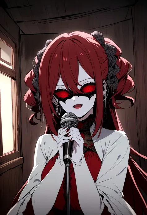 An anime girl with dark red hair wearing a mask with terrifying details in a room with terrifying details in front of her with a microphone