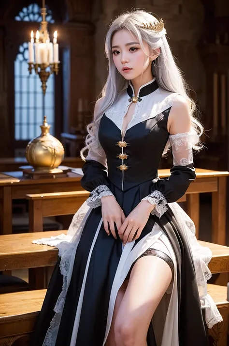 ((masterpiece:1.5,Highest quality,Highly detailed images,Beautiful images、Realistic、Photorealistic、2.5D))(1girl, 独奏)(medium breasts, white hair, black eyes, Healthy legs、Tight ass、Beautiful cleavage)(Fantasy dresses、Fantasy Clothes、Black battle dress、Deep ...