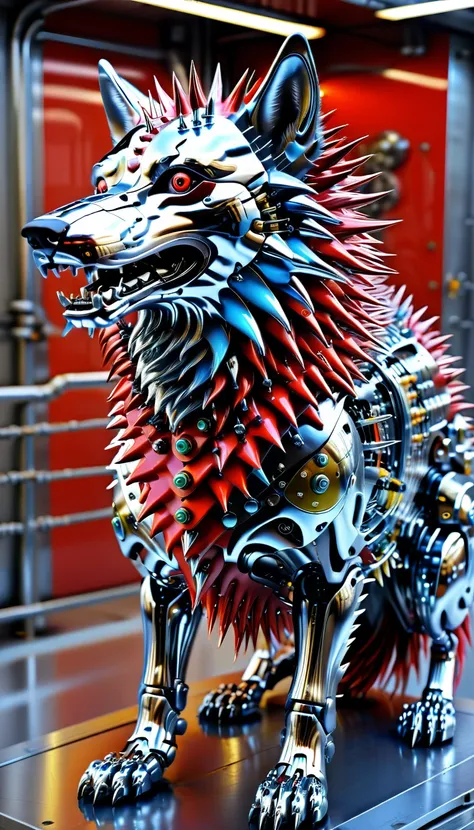 There is no one, Reality Photos, Reality Photos, Realistic photo of a wolf-dog-like creature, spikes, multi-colored shiny fur, strange and, Surreal and, the other world, A robotic factory with a shiny assembly plant, intricate details, very sharp, Sophisti...