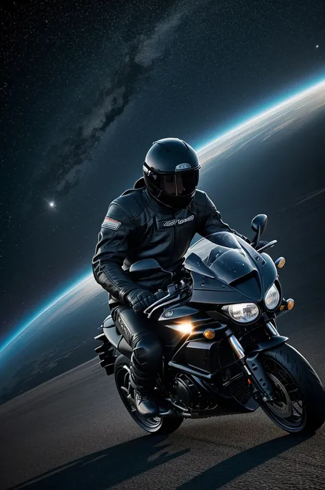 Make me a picture of a motorcyclist navigating through space in his black outfit.