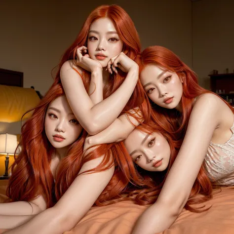 Asian woman with red hair lying on a bed with her hand on her chin, she has long orange hair, She has long orange-brown hair., sun yunjoo, tzuyu of two times, jossi de blackpink, jinyoung shin, roseanne park by blackpink, dilraba dilmurat, lalisa manobal, ...