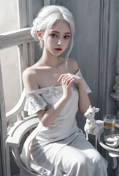 from front, portrait, from above, High resolution, high definition, ultra detailed, 4k, 8k, super masterpiece, BJD and a small white mouse are staring at each other, BJD is modeled after a beautiful 18-year-old woman, life size, Joints in the body are mech...