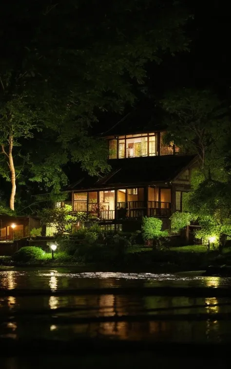 View from an old house、The river flows、Fireflies dance at night on the other side of the river、