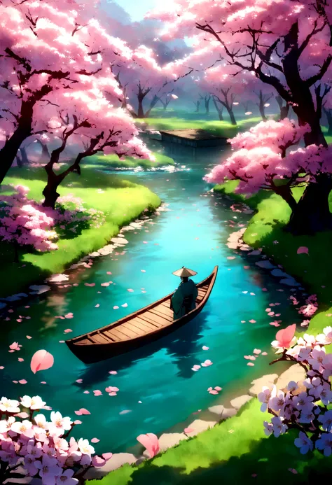 A fisherman（Back Shadow） from the Jin Dynasty gently rowed a small wooden boat along a creek when a dense, low-hanging peach blossom forest appeared before him. Peach branches extended over the creek, and the forest stretched along both banks for hundreds ...